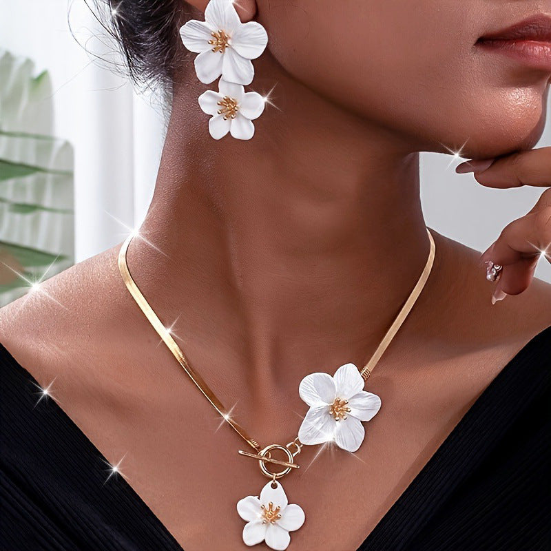 Flower Pendant Necklace & Earrings Set - Elegant Botanical Jewelry