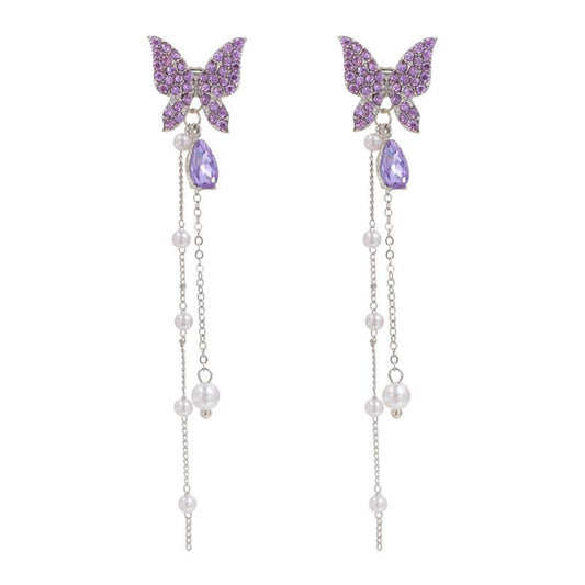 Elegant Purple Butterfly Crystal Stud Earrings - Sterling Silver Needle