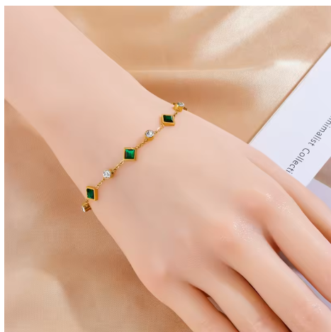 Elegant Gold-Plated Emerald Square Rhinestone Bracelet - Luxury Titanium Steel