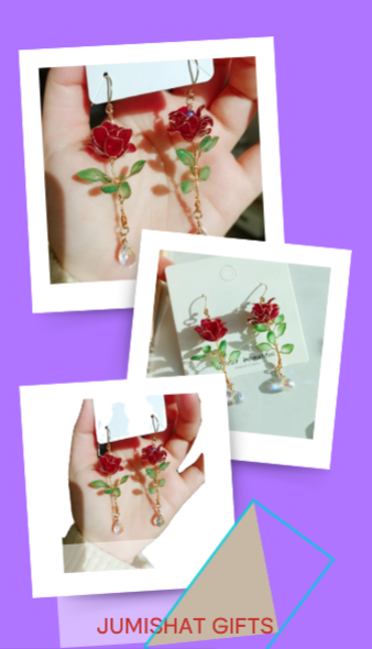 Red Rose Flower Earrings - Elegant Liquid Ornament Ear Studs