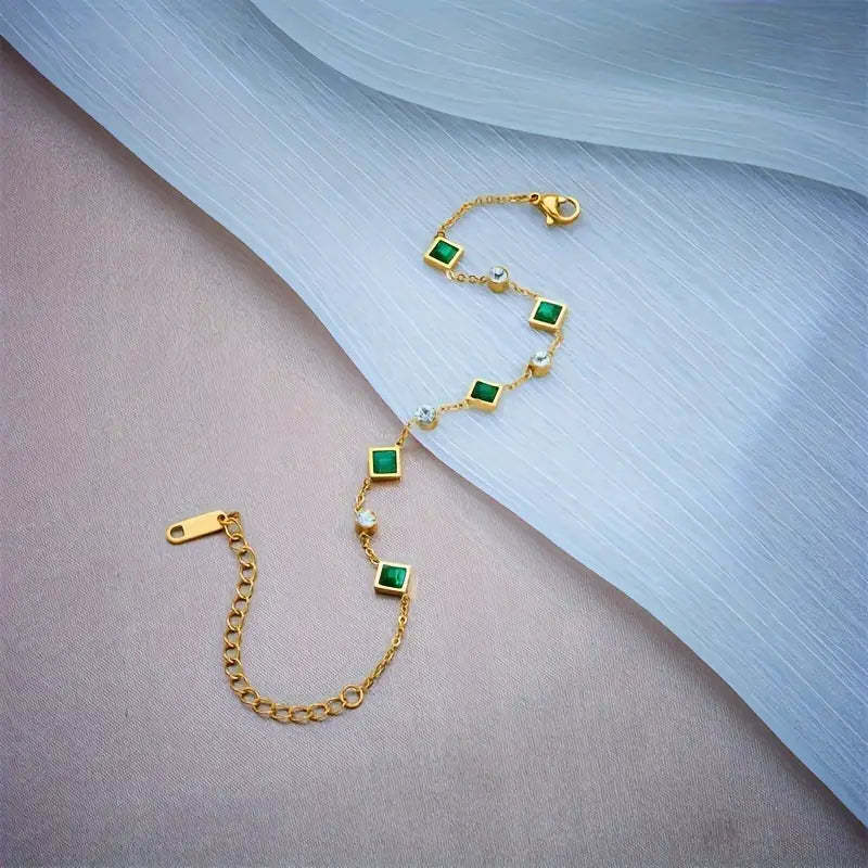 Elegant Gold-Plated Emerald Square Rhinestone Bracelet - Luxury Titanium Steel