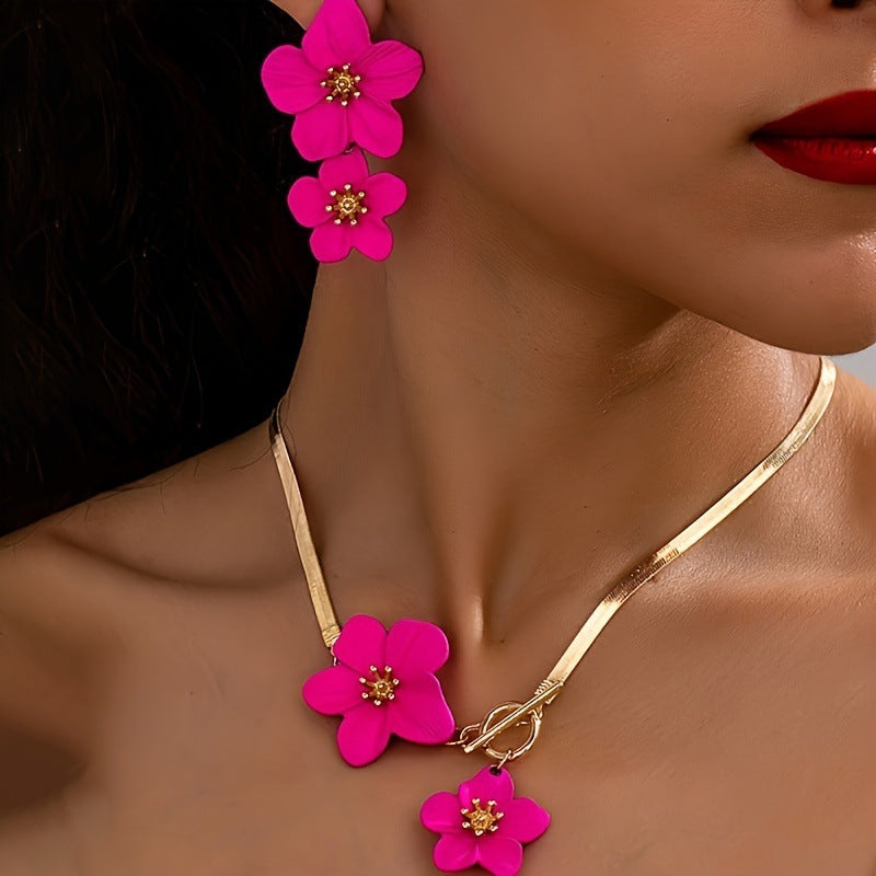 Flower Pendant Necklace & Earrings Set - Elegant Botanical Jewelry