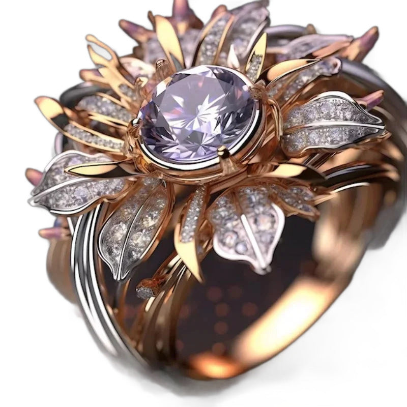 Elegant Gold Flower Ring - Zircon Inlaid Copper Alloy Jewelry for Women