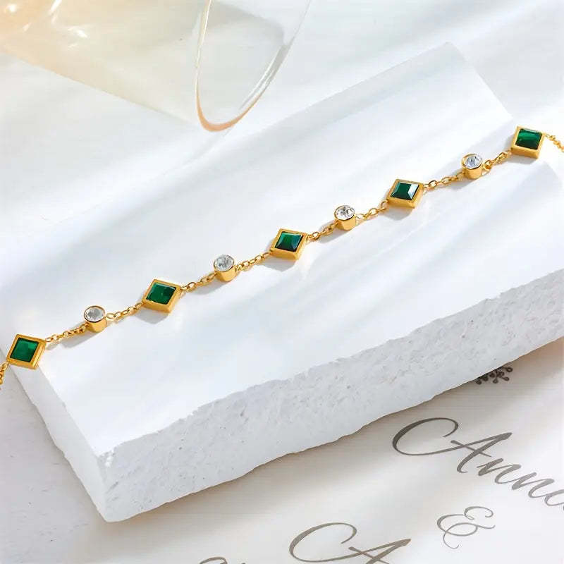 Elegant Gold-Plated Emerald Square Rhinestone Bracelet - Luxury Titanium Steel