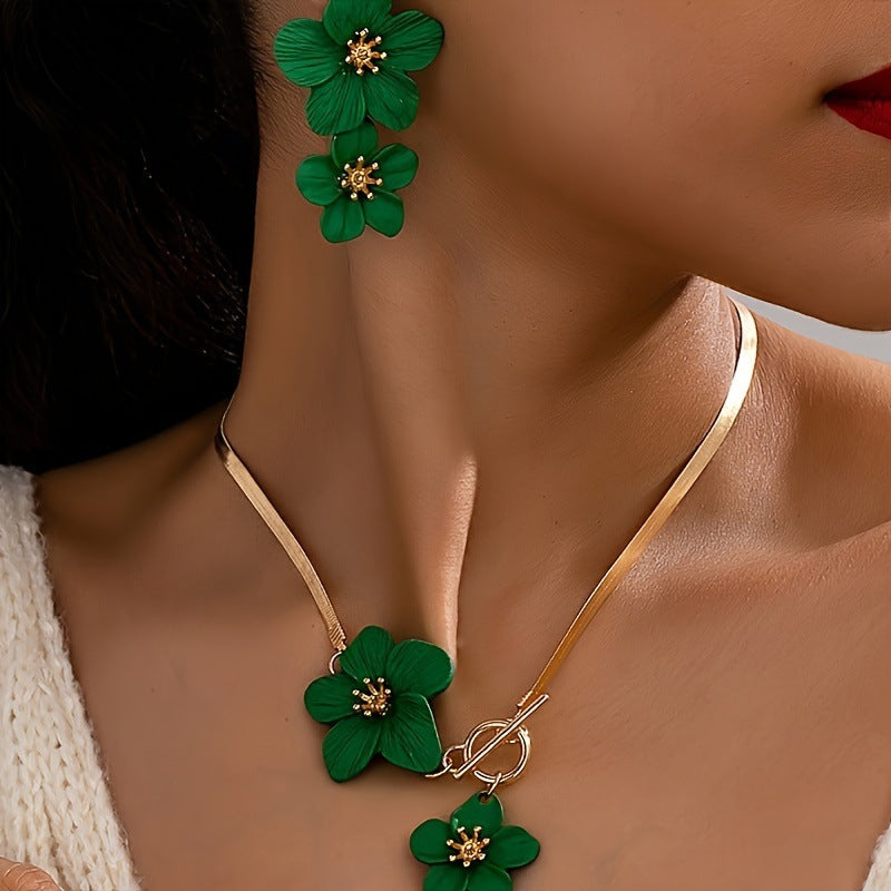 Flower Pendant Necklace & Earrings Set - Elegant Botanical Jewelry