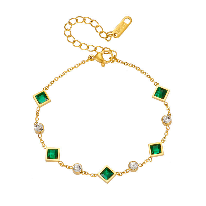 Elegant Gold-Plated Emerald Square Rhinestone Bracelet - Luxury Titanium Steel