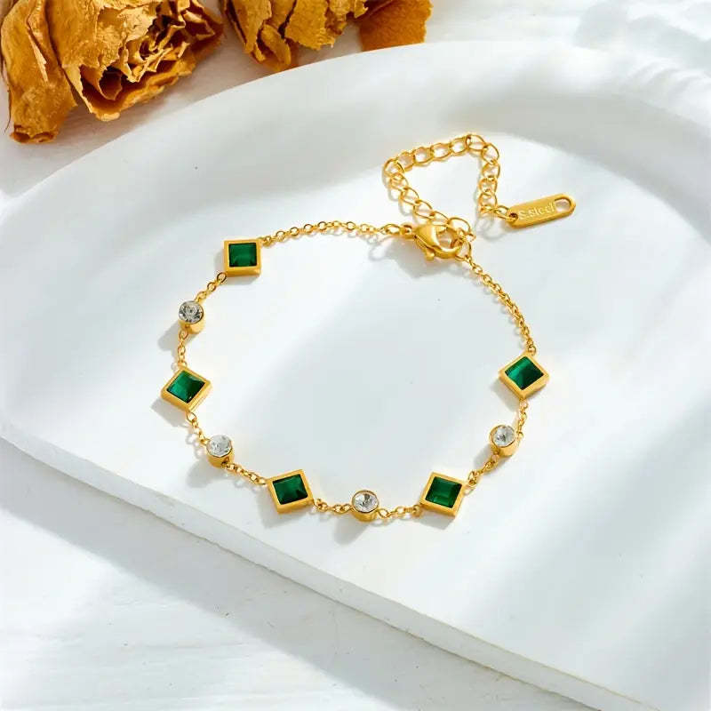 Elegant Gold-Plated Emerald Square Rhinestone Bracelet - Luxury Titanium Steel