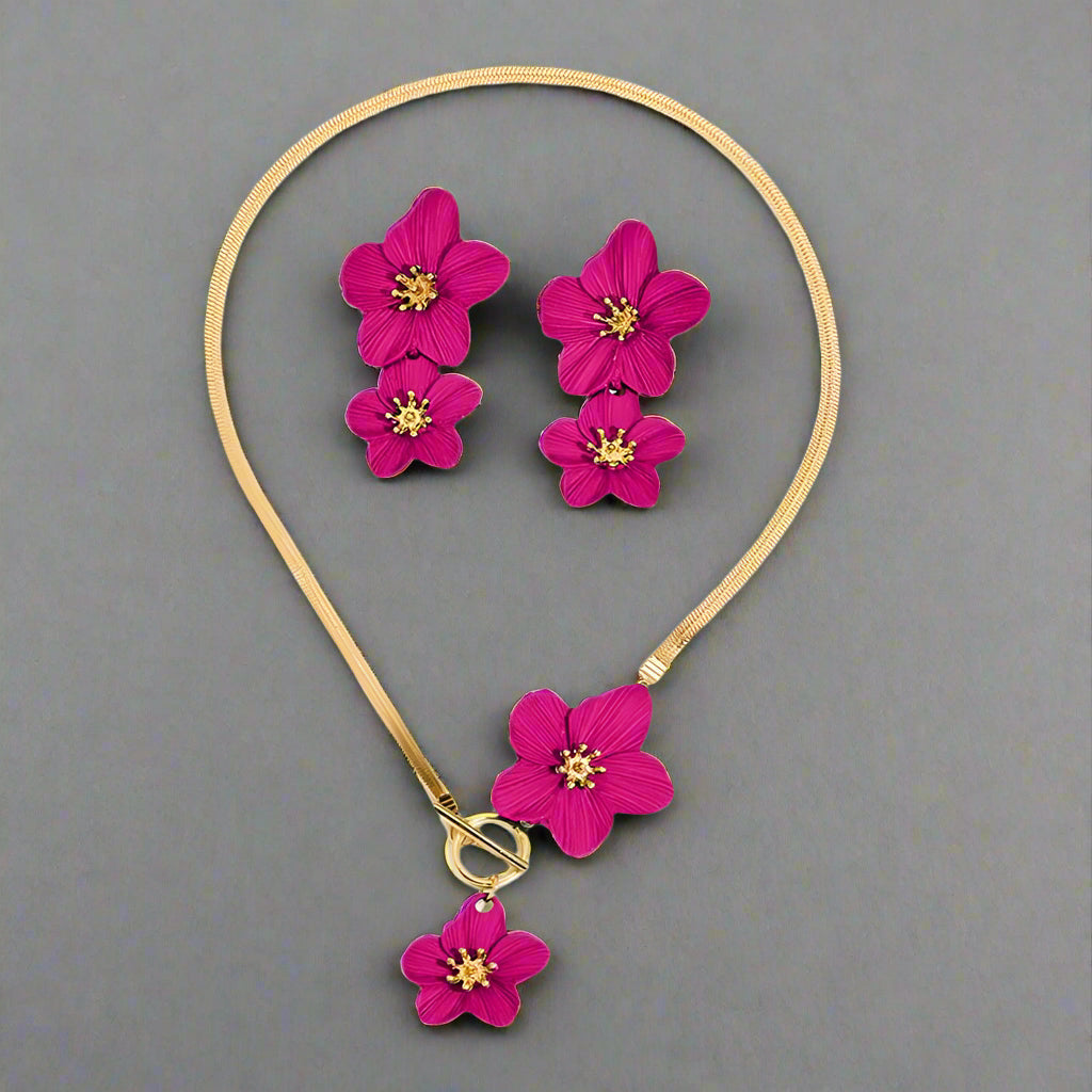 Flower Pendant Necklace & Earrings Set - Elegant Botanical Jewelry