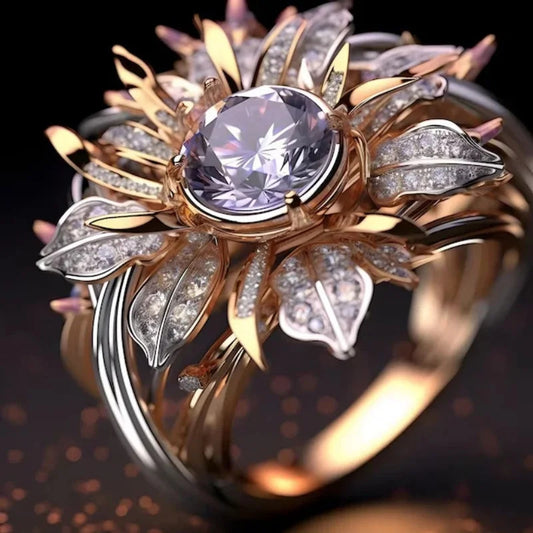 Elegant Gold Flower Ring - Zircon Inlaid Copper Alloy Jewelry for Women