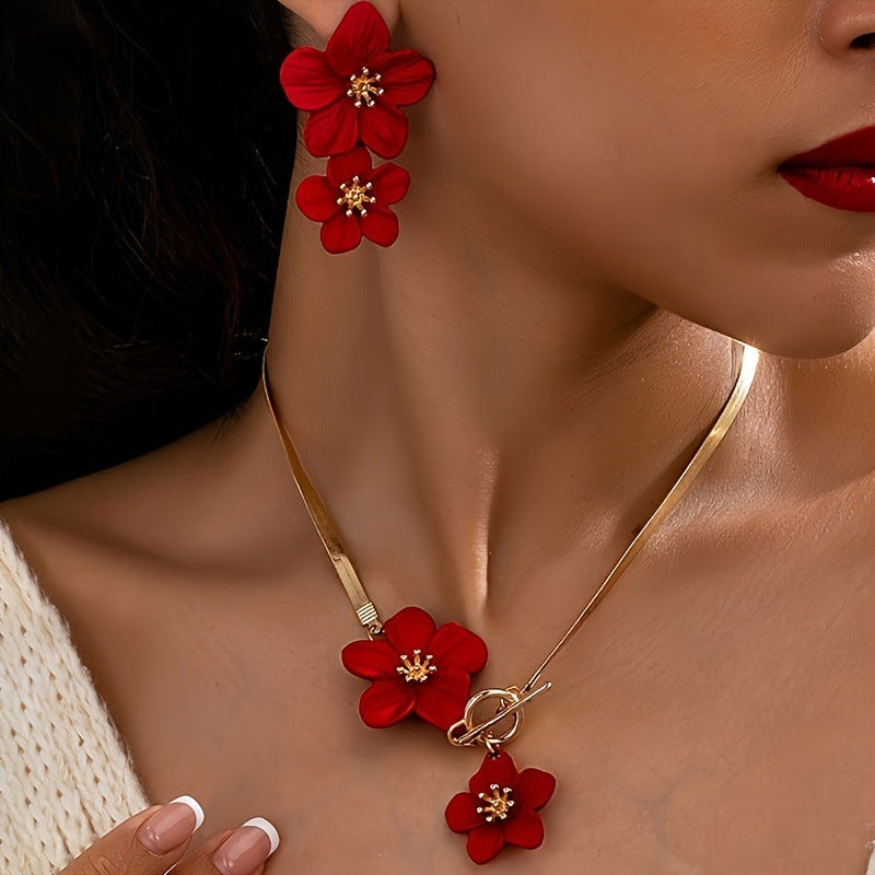 Flower Pendant Necklace & Earrings Set - Elegant Botanical Jewelry