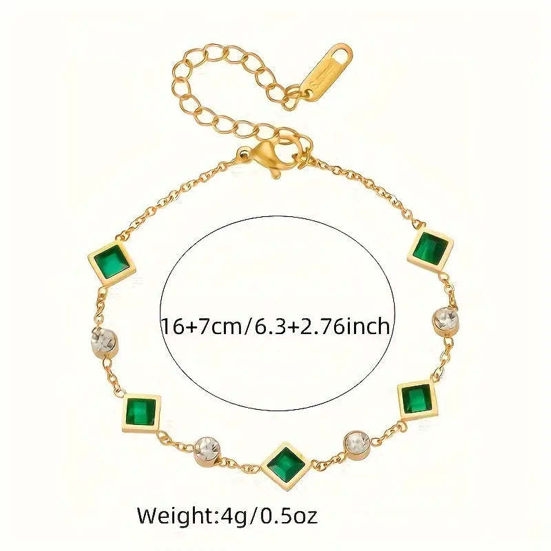 Elegant Gold-Plated Emerald Square Rhinestone Bracelet - Luxury Titanium Steel