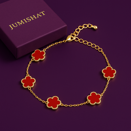 Optimized Red Clover Bracelet with Purple Background and Jumishat Gift Box