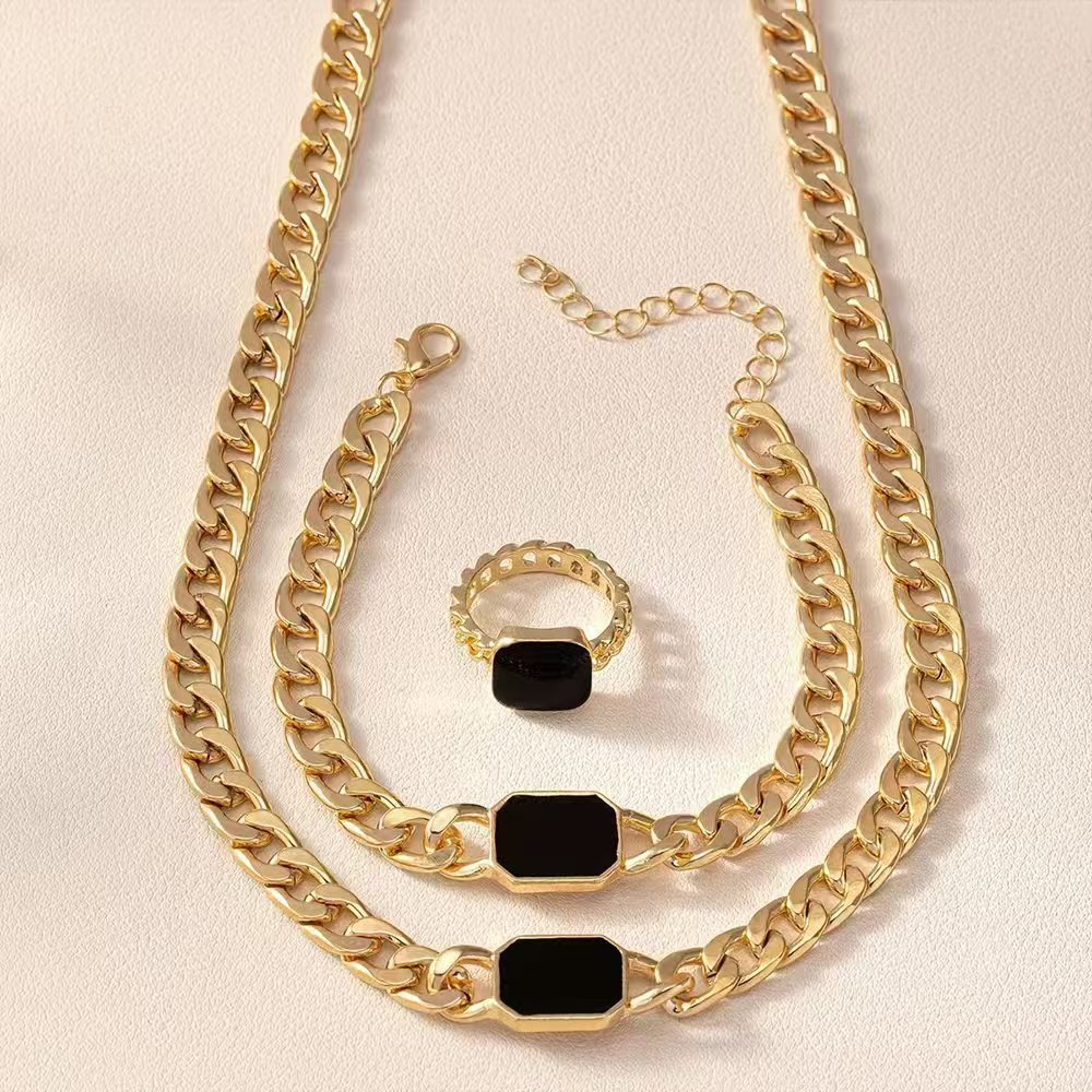 Diamond Weave Luxury Trio Set - Geometric Square Chain Necklace Bracelet Ring