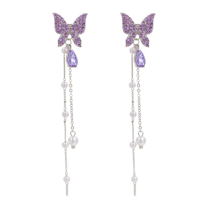 Elegant Purple Butterfly Crystal Stud Earrings - Sterling Silver Needle