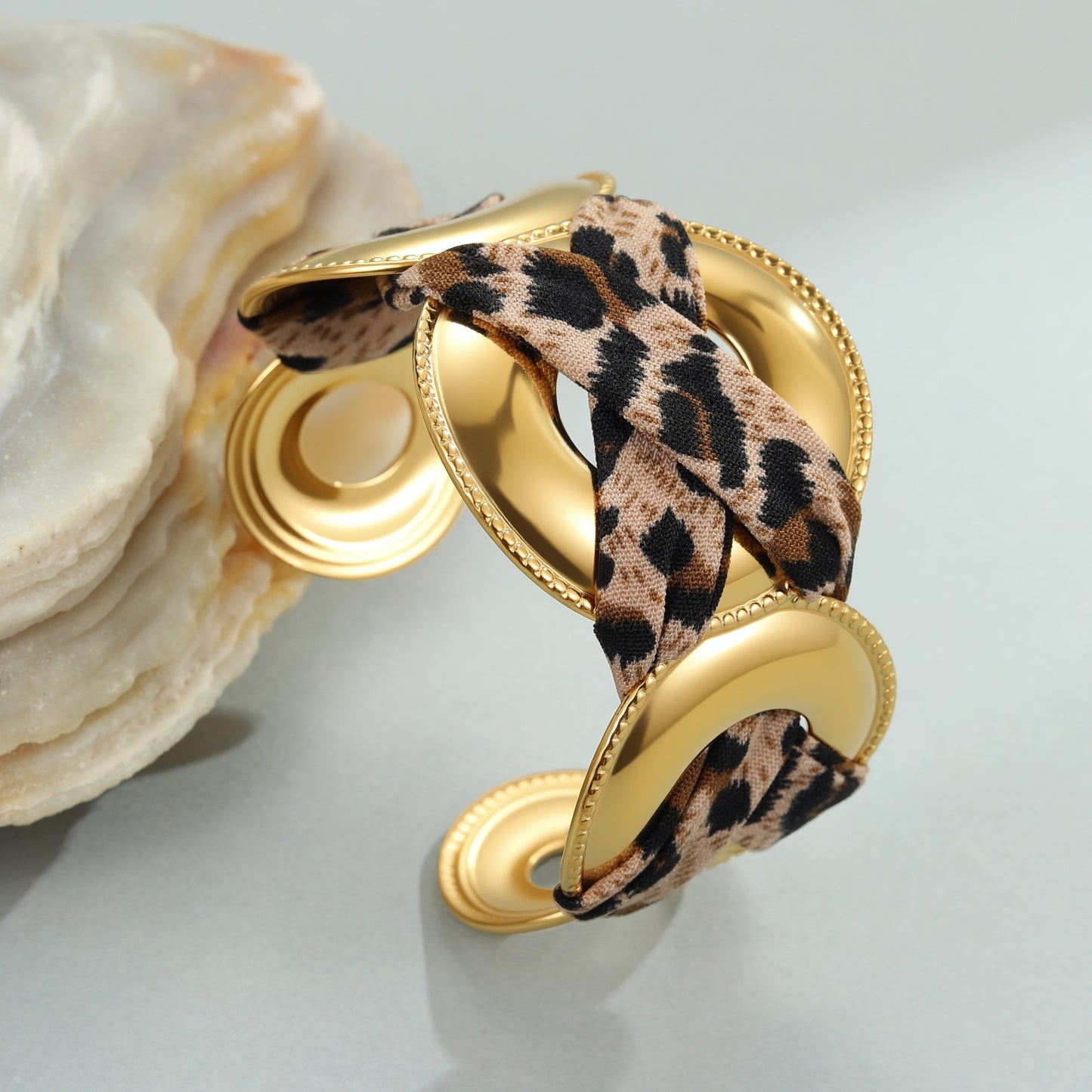 Leopard Ribbon Stainless Steel Bracelet - Gold-Plated Wide Statement Piece