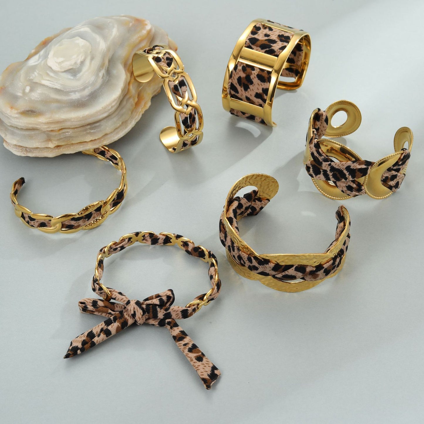 Leopard Ribbon Stainless Steel Bracelet - Gold-Plated Wide Statement Piece