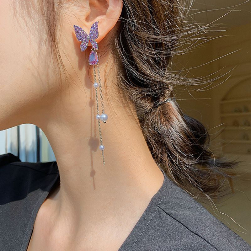 Elegant Purple Butterfly Crystal Stud Earrings - Sterling Silver Needle