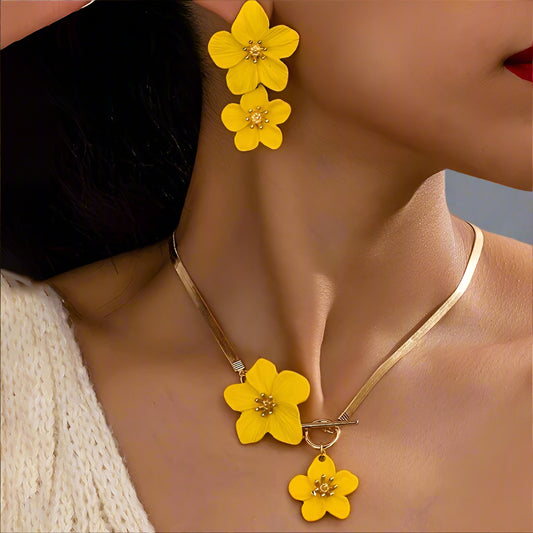 Flower Pendant Necklace & Earrings Set - Elegant Botanical Jewelry