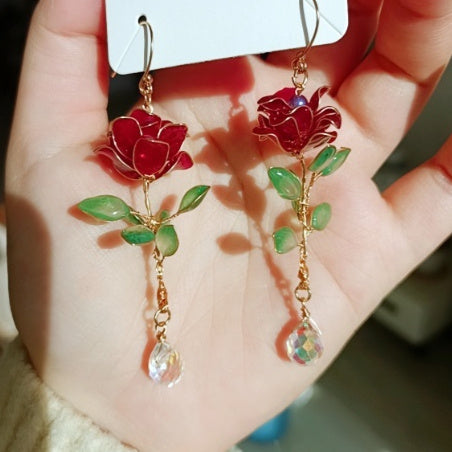 Red Rose Flower Earrings - Elegant Liquid Ornament Ear Studs