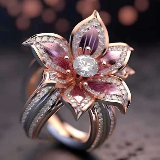 Elegant Gold Flower Ring - Diamond- Style Lily Design for Women