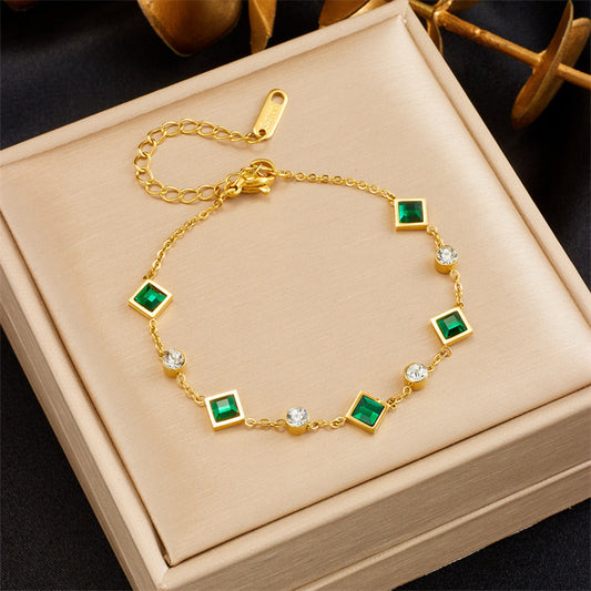 Elegant Gold-Plated Emerald Square Rhinestone Bracelet - Luxury Titanium Steel