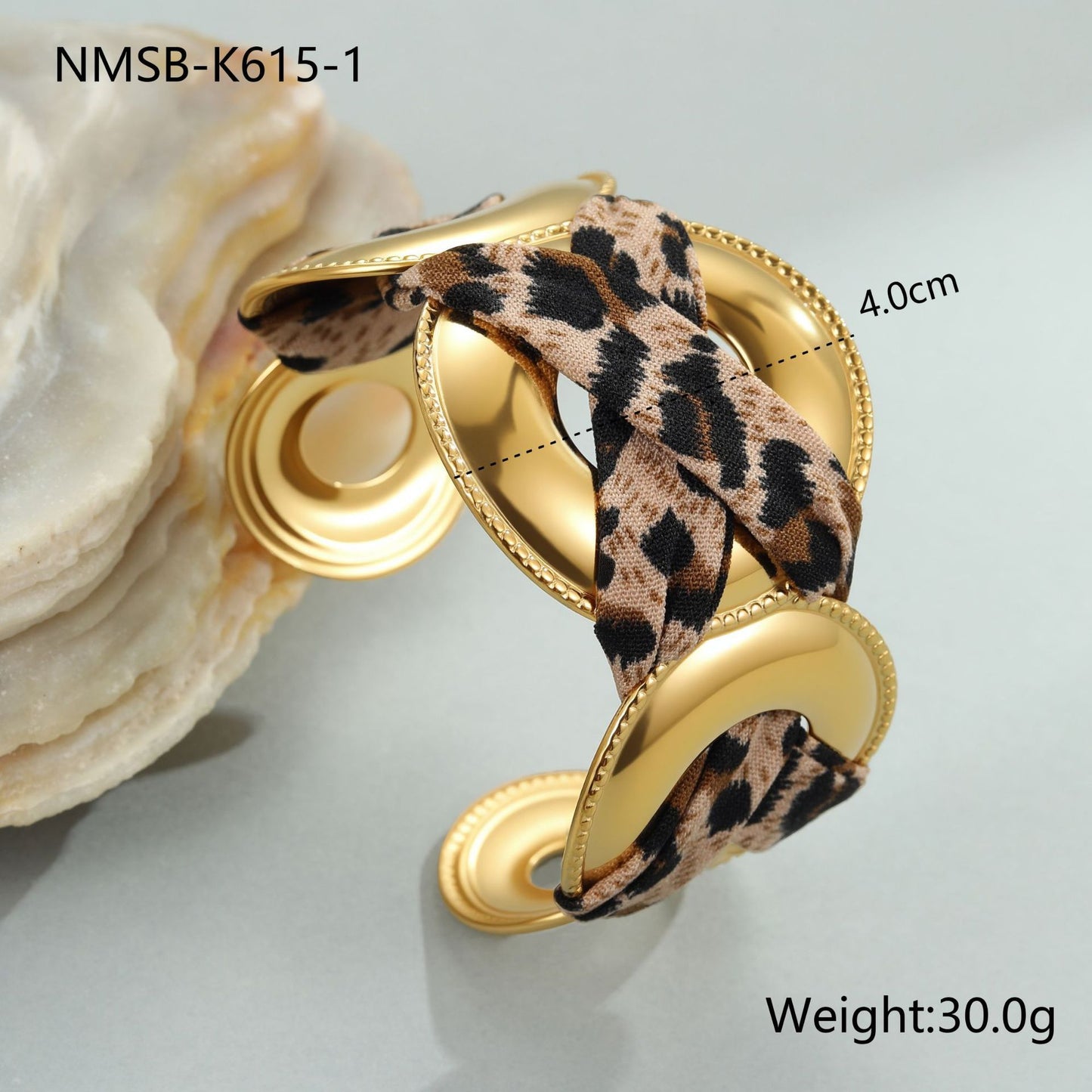 Leopard Ribbon Stainless Steel Bracelet - Gold-Plated Wide Statement Piece