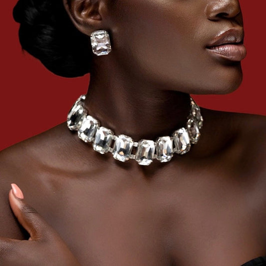 Luxury Crystal Square Necklace & Earrings Set