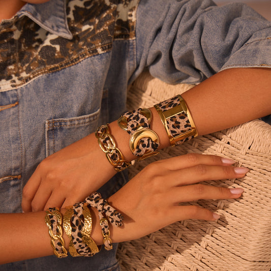 Leopard Ribbon Stainless Steel Bracelet - Gold-Plated Wide Statement Piece