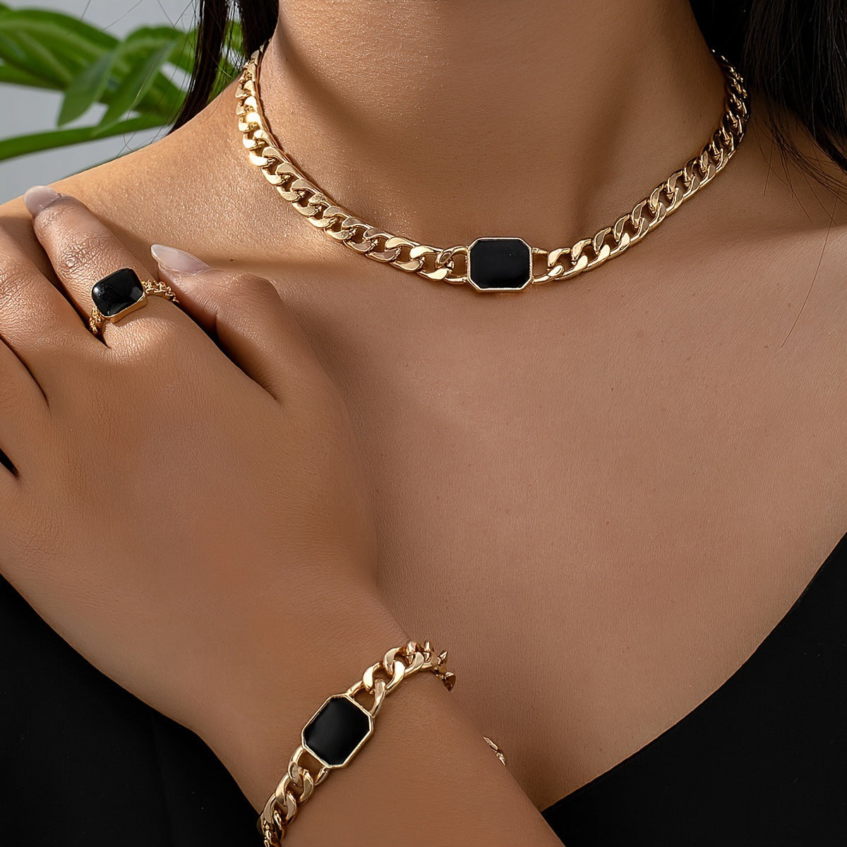 Diamond Weave Luxury Trio Set - Geometric Square Chain Necklace Bracelet Ring