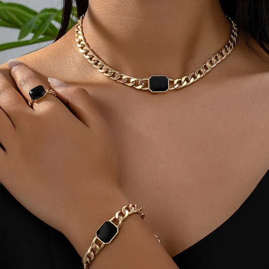 Diamond Weave Luxury Trio Set - Geometric Square Chain Necklace Bracelet Ring